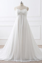 A-Line Straps Empire Long White Bridesmaid Dress With Beads