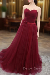 A-Line Sweetheart Neck Burgundy Long Prom Dresses, Burgundy Bridesmaid Dresses