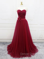 A-Line Sweetheart Neck Burgundy Long Prom Dresses, Burgundy Bridesmaid Dresses