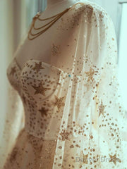 A-Line Sweetheart Neck Champagne Tulle Long Prom Dress, Champagne Long Formal Dress