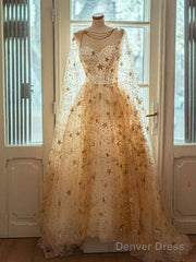 A-Line Sweetheart Neck Champagne Tulle Long Prom Dress, Champagne Long Formal Dress