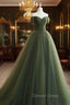 A Line Sweetheart Neck Green Long Prom Dress, Sweep Train Green Prom Dresses