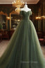 A-Line Sweetheart Neck Green Long Prom Dresses, Sweep Train Green Formal Dresses