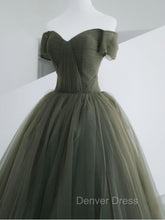 A-Line Sweetheart Neck Green Long Prom Dresses, Sweep Train Green Formal Dresses