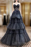 A-Line Sweetheart Neck Lace Black Long Prom Dresses, Black Formal Dresses