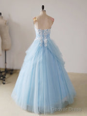 A-Line Sweetheart Neck Lace Blue Long Prom Dress, Blue Long Sweet 16 Dress
