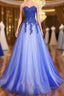 A Line Sweetheart Neck Lace Tulle Blue Long Prom Dress, Blue Prom Dress, Blue Lace Prom Dresses