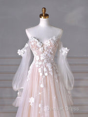 A-Line Sweetheart Neck Long Sleeve Lace Tulle Light Champagne Long Prom Dresses