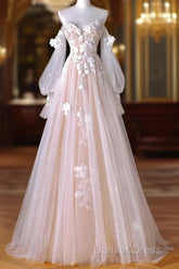 A-Line Sweetheart Neck Long Sleeve Lace Tulle Light Champagne Long Prom Dresses