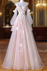 A-Line Sweetheart Neck Long Sleeve Lace Tulle Light Champagne Long Prom Dresses
