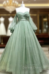 A Line Sweetheart Neck Long Sleeves Green Tulle Long Prom Dresses, Long Green Formal Evening Dresses