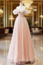 A-Line Sweetheart Neck Off Shoulder Tulle Pink Long Prom Dresses, Pink Long Formal Dresses