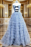 A-Line Sweetheart Neck Polka Dots Tulle Blue Long Prom Dresses, Blue Long Formal Dresses