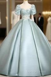 A-Line Sweetheart Neck Puff Sleeves Satin Quinceanera Dresses Blue Long Prom Dresses Elegant Evening Dresses