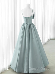 A-Line Sweetheart Neck Satin Beads Blue Long Prom Dresses, Blue Formal Dresses