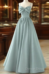 A-Line Sweetheart Neck Satin Beads Blue Long Prom Dresses, Blue Formal Dresses
