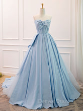 A-Line Sweetheart Neck Satin Tulle Blue Long Prom Dresses, Blue Evening Dresses