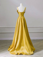A-Line Sweetheart Neck Satin Yellow Long Prom Dress, Yellow Long Formal Dress