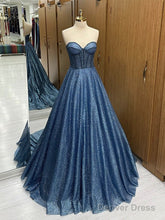 A-Line Sweetheart Neck Tulle Beads Blue Long Prom Dress, Blue Long Formal Dress