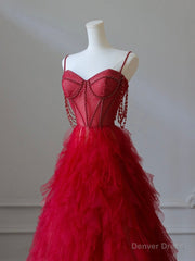 A-Line Sweetheart Neck Tulle Beads Burgundy Long Prom Dress, Burgundy Evening Dress