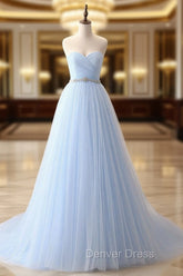 A-Line Sweetheart Neck Tulle Blue Long Prom Dresses, Blue Long Bridesmaid Dresses
