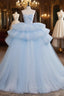A-Line Sweetheart Neck Tulle Blue Long Prom Dresses, Blue Long Evening Gown