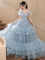 A Line Sweetheart Neck Tulle Blue Long Prom Dress, Blue Long Prom Dresses