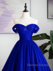 A-Line Sweetheart Neck Tulle Blue Long Prom Dresses, Blue Long Formal Dresses
