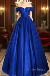 A-Line Sweetheart Neck Tulle Blue Long Prom Dresses, Blue Long Formal Dresses