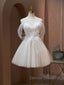 A Line Sweetheart Neck Tulle Lace Beige Short Prom Dress, Puffy Cute Homecoming Dresses