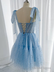 A-Line Sweetheart Neck Tulle Lace Blue Short Prom Dress, Blue Homecoming Dress