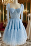 A-Line Sweetheart Neck Tulle Lace Blue Short Prom Dresses, Blue Homecoming Dresses