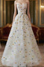 A Line Sweetheart Neck Tulle Lace Flower Beige Long Prom Dress, Beige Long Prom Dresses