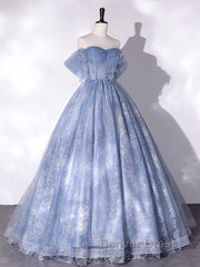A-Line Sweetheart Neck Tulle Lace Long Prom Dresses, Blue Sweet 16 Dresses