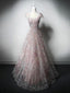 A-Line Sweetheart Neck Tulle Lace Pink Long Prom Dresses, Pink Long Formal Dresses
