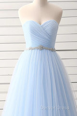 A-Line Sweetheart Neck Tulle Light Sky Blue Long Prom Dresses