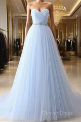 A-Line Sweetheart Neck Tulle Light Sky Blue Long Prom Dresses