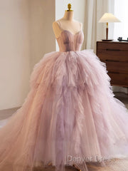 A-Line Sweetheart Neck Tulle Pink Long Prom Dresses, Pink Evening Dresses