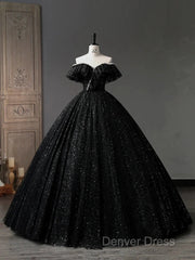 A-Line Sweetheart Neck Tulle Sequin Black Long Prom Dresses, Black Long Formal Dresses