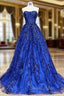 A-Line Sweetheart Neck Tulle Sequin Blue Long Prom Dresses, Blue Long Formal Dresses