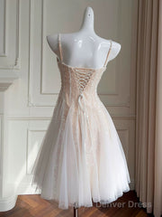 A-Line Sweetheart Neck Tulle Sequin Champagne Short Prom Dress, Cute Homecoming Dress