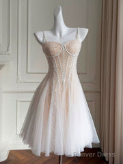 A-Line Sweetheart Neck Tulle Sequin Champagne Short Prom Dress, Cute Homecoming Dress