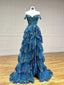 A-Line Sweetheart Neck Tulle Sequin Lace Blue Long Prom Dresses