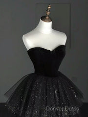 A-Line Sweetheart Neck Tulle Velvet Black Long Prom Dresses, Black Evening Dresses
