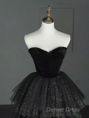 A-Line Sweetheart Neck Tulle Velvet Black Long Prom Dresses, Black Evening Dresses