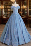 A Line Sweetheart Neck Velvet Sequin Blue Long Prom Dress, Blue Prom Dresses