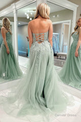 A-Line Sweetheart Sage Green Tulle Lace Long Prom Dresses