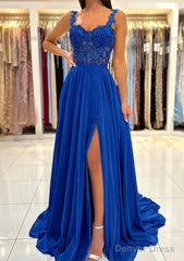A-line Sweetheart Sleeveless Sweep Train Chiffon Prom Dresses With Appliqued Split