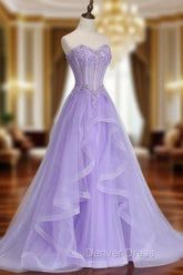 A-line Sweetheart Sleeveless Sweep Train Tulle Prom Dresses With Beading Appliqued