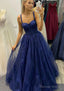 A Line Sweetheart Spaghetti Straps Long Floor Length Tulle Glitter Prom Dresses